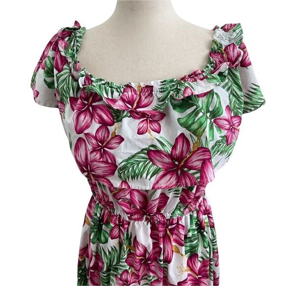 Crown & Ivy Tropical Floral On or Off the Shoulder Cotton Midi Dress Ruffles M - Picture 2 of 6